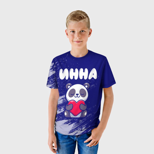 Детская 3D футболка с принтом Инна панда с сердечком, фото на моделе #1