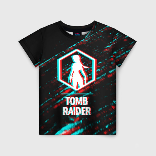 Детская 3D футболка с принтом Tomb Raider в стиле glitch и баги графики на темном фоне, вид спереди #2