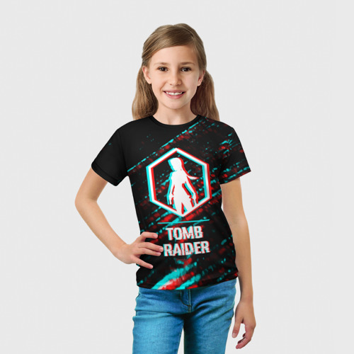 Детская 3D футболка с принтом Tomb Raider в стиле glitch и баги графики на темном фоне, вид сбоку #3