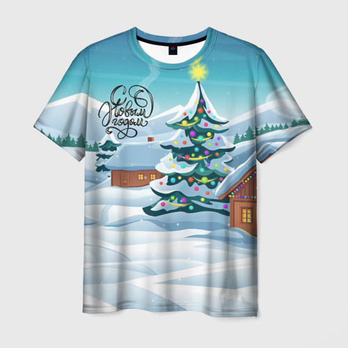 Мужская 3D футболка с принтом Новогодние избушки, вид спереди #2