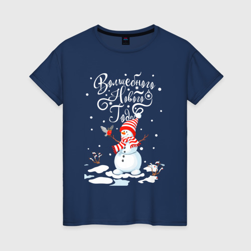 Женская футболка с принтом Новогодний снеговик, вид спереди #2