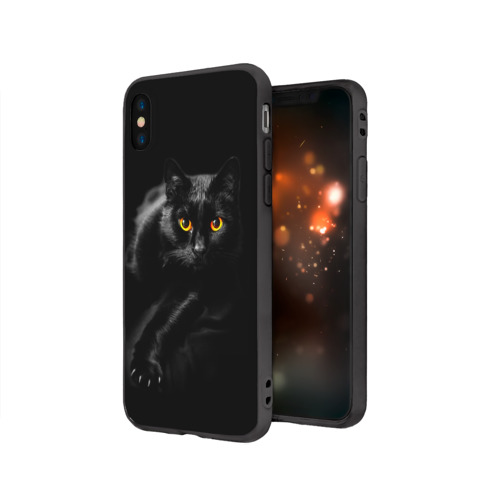 Чехол для iPhone X матовый с принтом Черный кот во тьме, вид сбоку #3