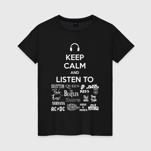 Женская футболка с принтом Слушай рок, вид спереди #2