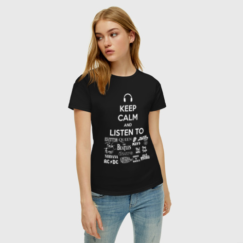Женская футболка с принтом Слушай рок, фото на моделе #1