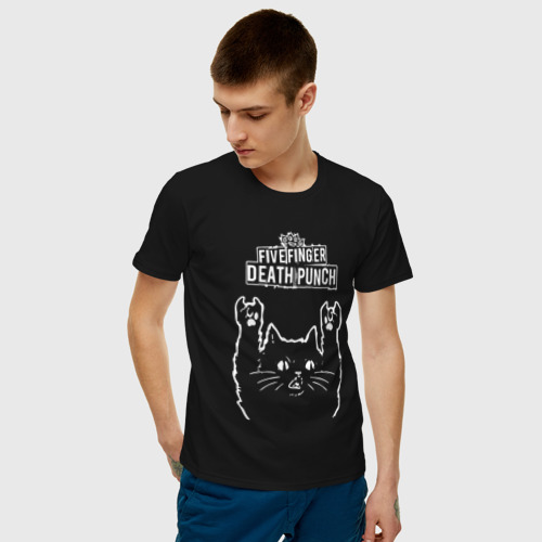 Мужская футболка с принтом Five Finger Death Punch рок кот, фото на моделе #1