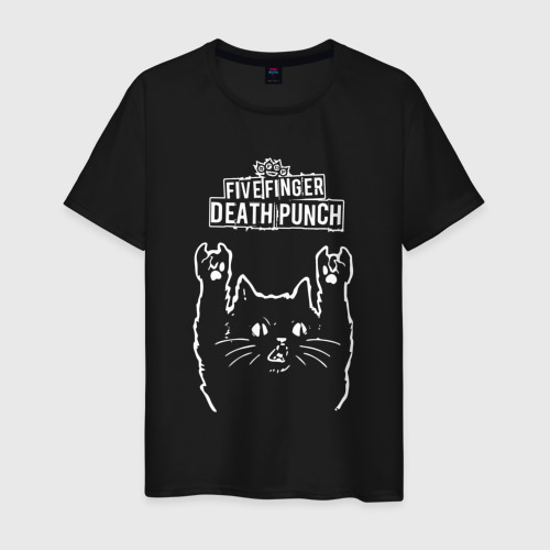 Мужская футболка с принтом Five Finger Death Punch рок кот, вид спереди #2