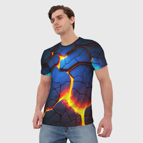 Мужская 3D футболка с принтом Яркая неоновая лава, разломы, фото на моделе #1