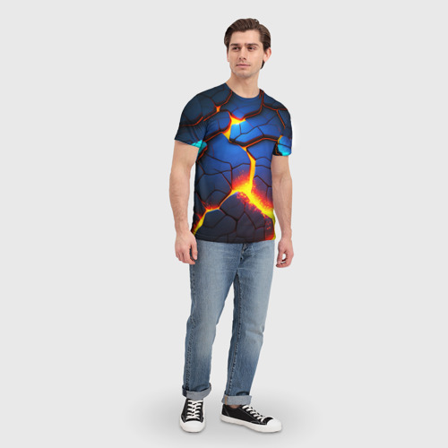 Мужская 3D футболка с принтом Яркая неоновая лава, разломы, вид сбоку #3