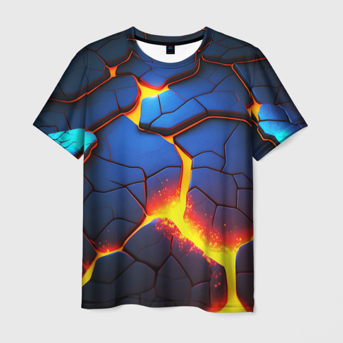 Мужская 3D футболка с принтом Яркая неоновая лава, разломы, вид спереди #2