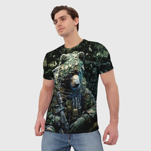 Мужская 3D футболка с принтом Медведь снайпер в камуфляже, фото на моделе #1