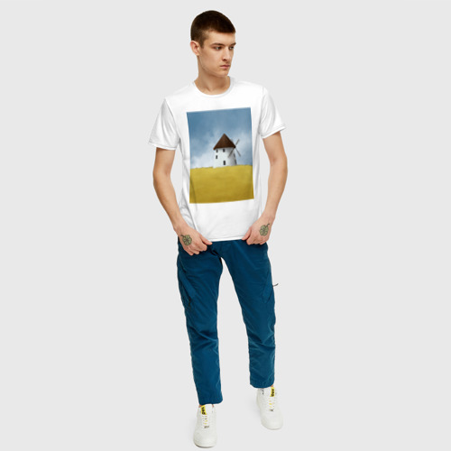 Мужская футболка с принтом Ветряная мельница в поле, вид сбоку #3