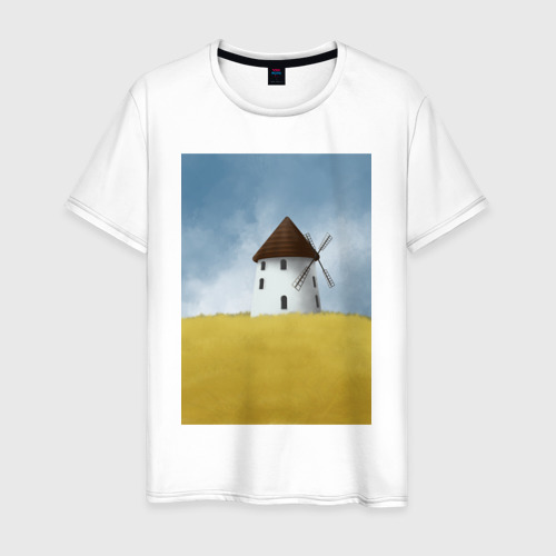 Мужская футболка с принтом Ветряная мельница в поле, вид спереди #2
